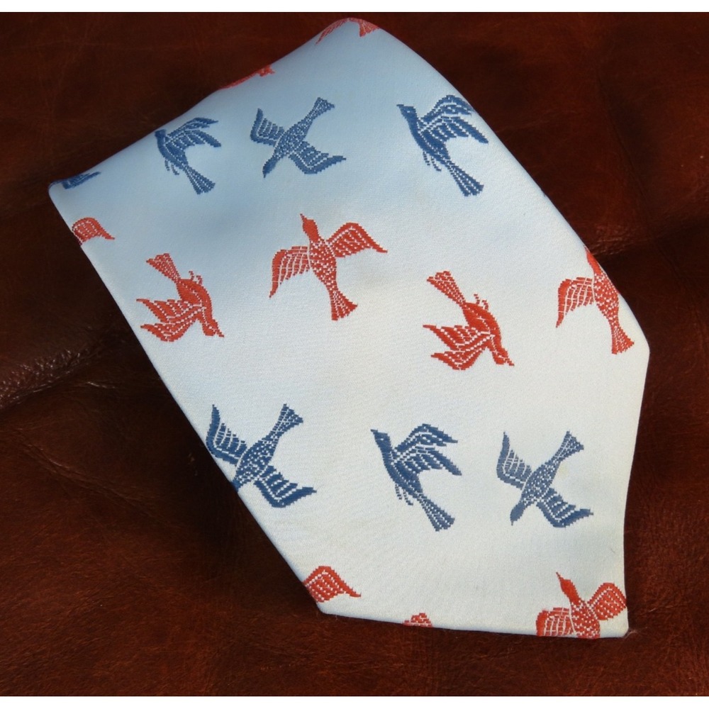VTG WIDE MEN'S NECK TIE Light Blue w/RUST BLUE BIRDS IN FLIGHT Kalk-Seta RETRO